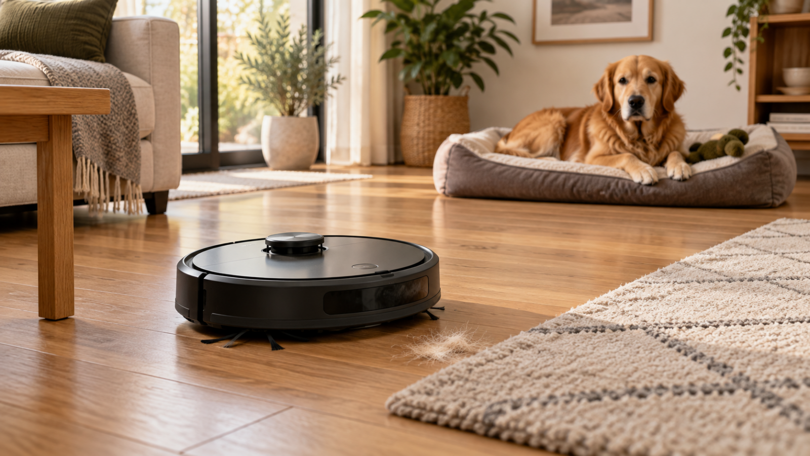 Aspirateur robot près de poils sur un parquet, avec un chien au repos dans son panier en arrière-plan.