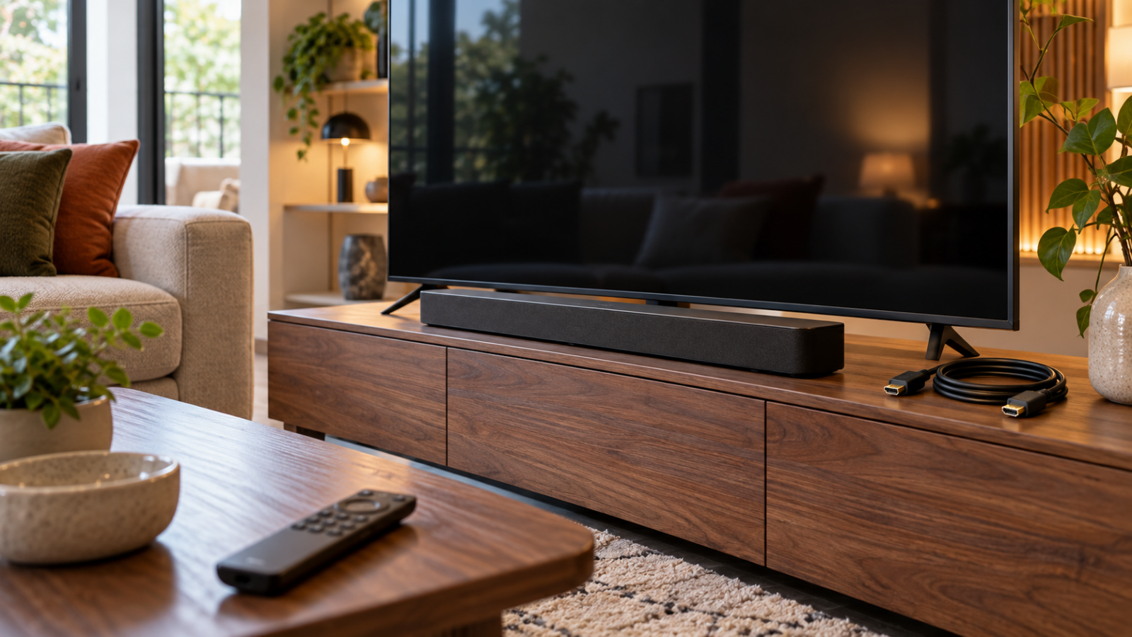 Téléviseur, barre de son et télécommande génériques avec un câble HDMI visible sur le meuble.