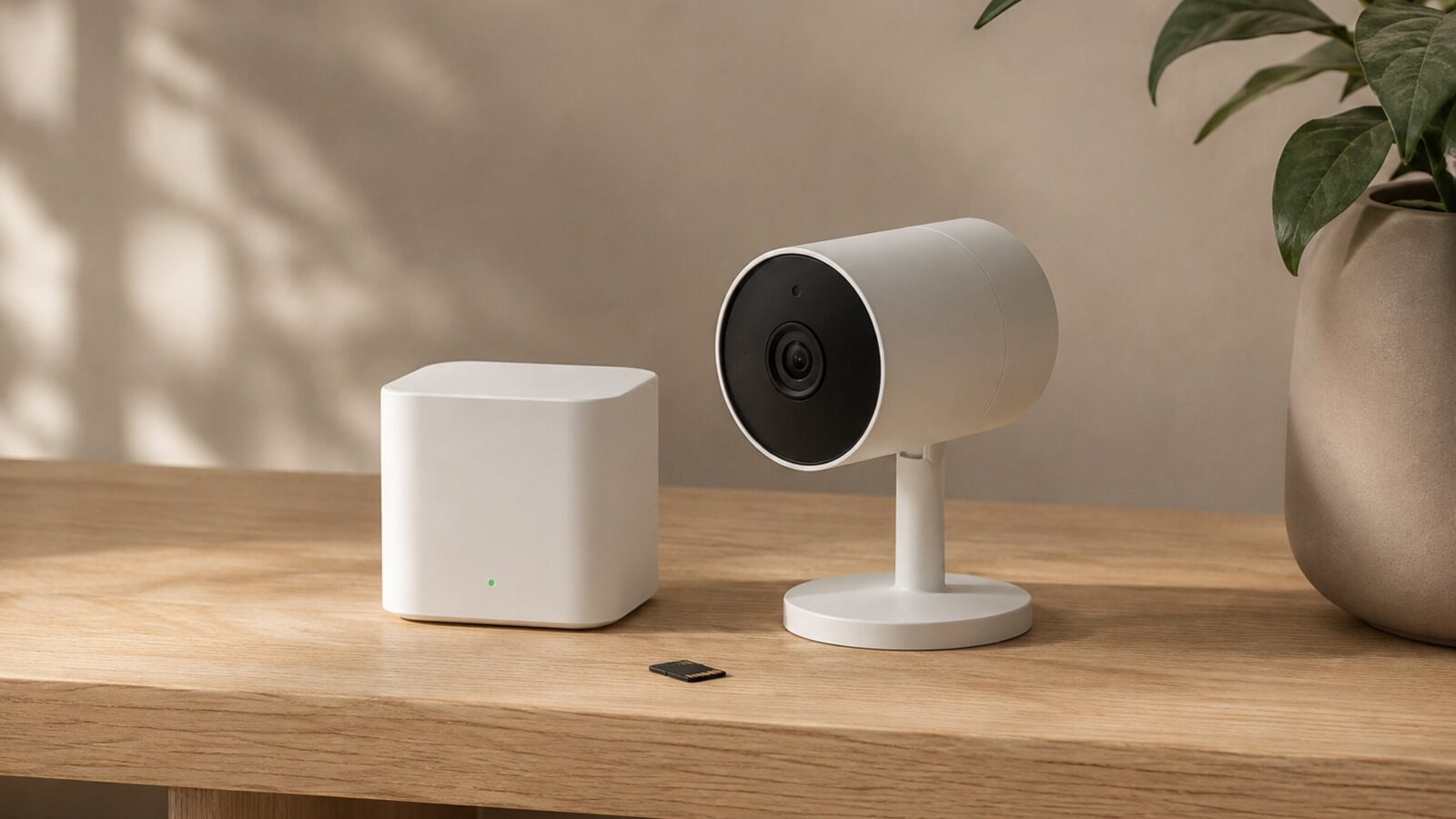 Boîtier domotique blanc, caméra de surveillance et carte mémoire posés sur une table en chêne clair, en lumière naturelle latérale