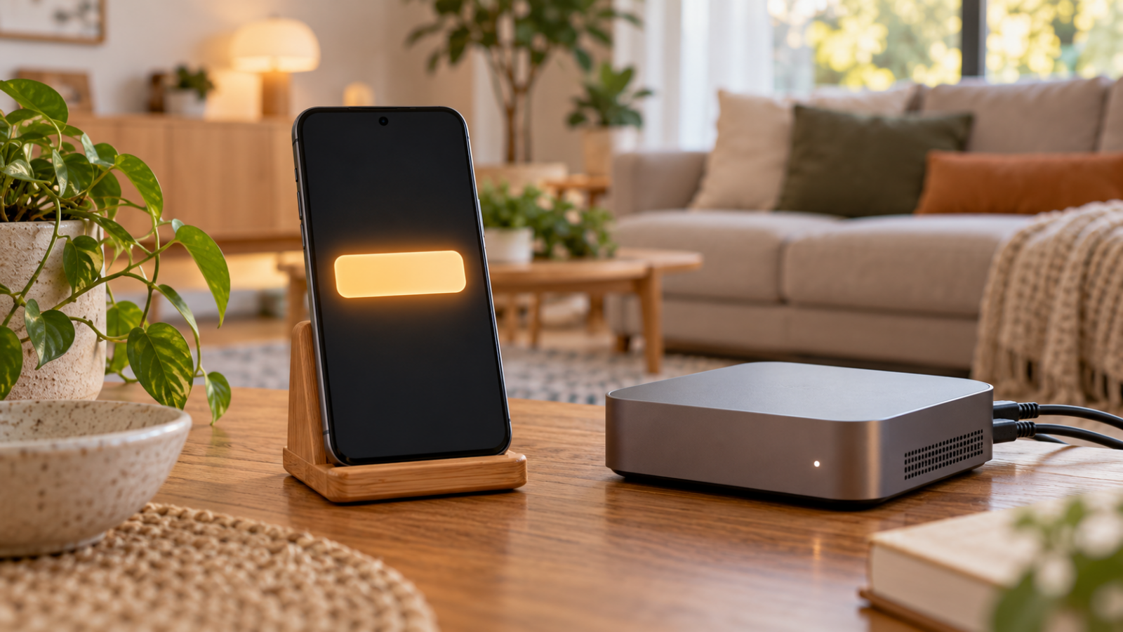 Téléphone générique affichant une notification de maison connectée près d’une petite box domotique.