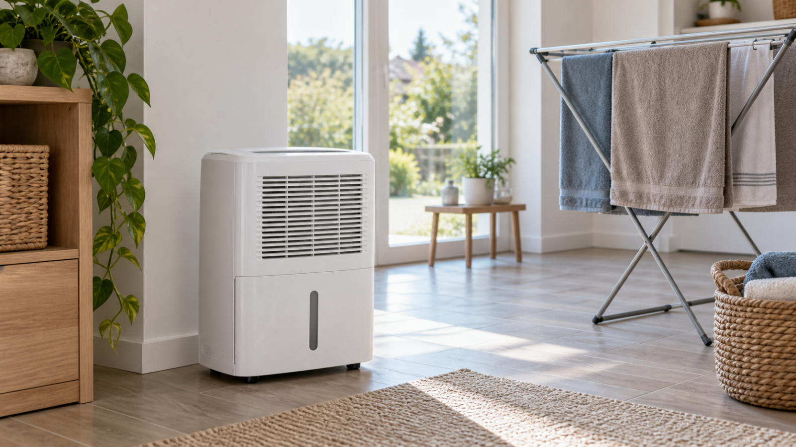 Déshumidificateur générique placé dans une pièce avec un étendoir à linge.