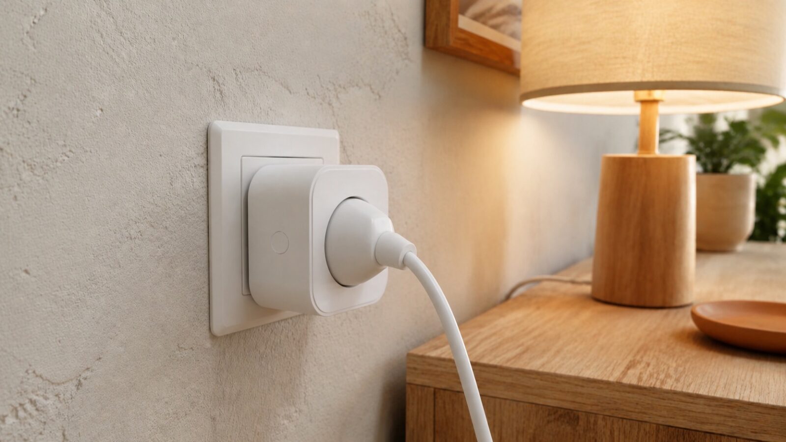 Prise connectée générique branchée sur une prise murale et reliée à une lampe dans un intérieur lumineux.