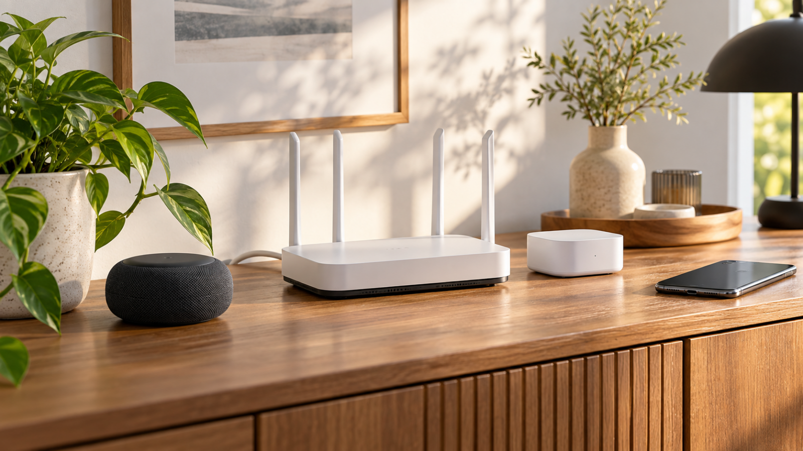 Routeur Wi-Fi générique et objets connectés sur un meuble, avec un téléphone à proximité.