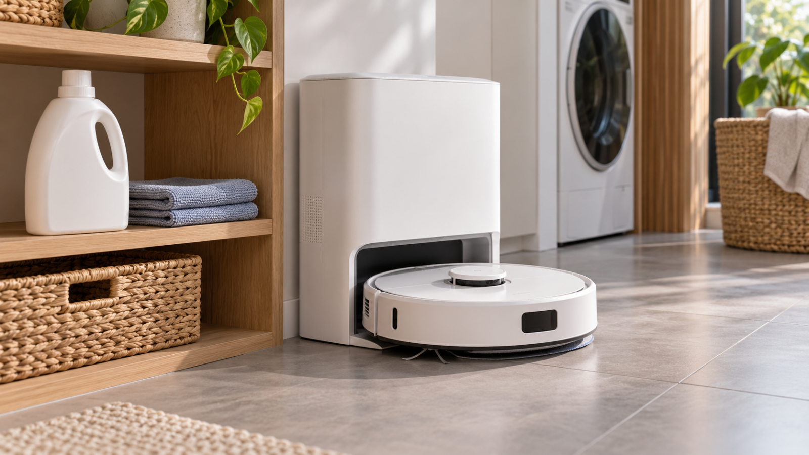 Robot laveur près de sa station, avec un flacon générique fermé et des chiffons sur une étagère.