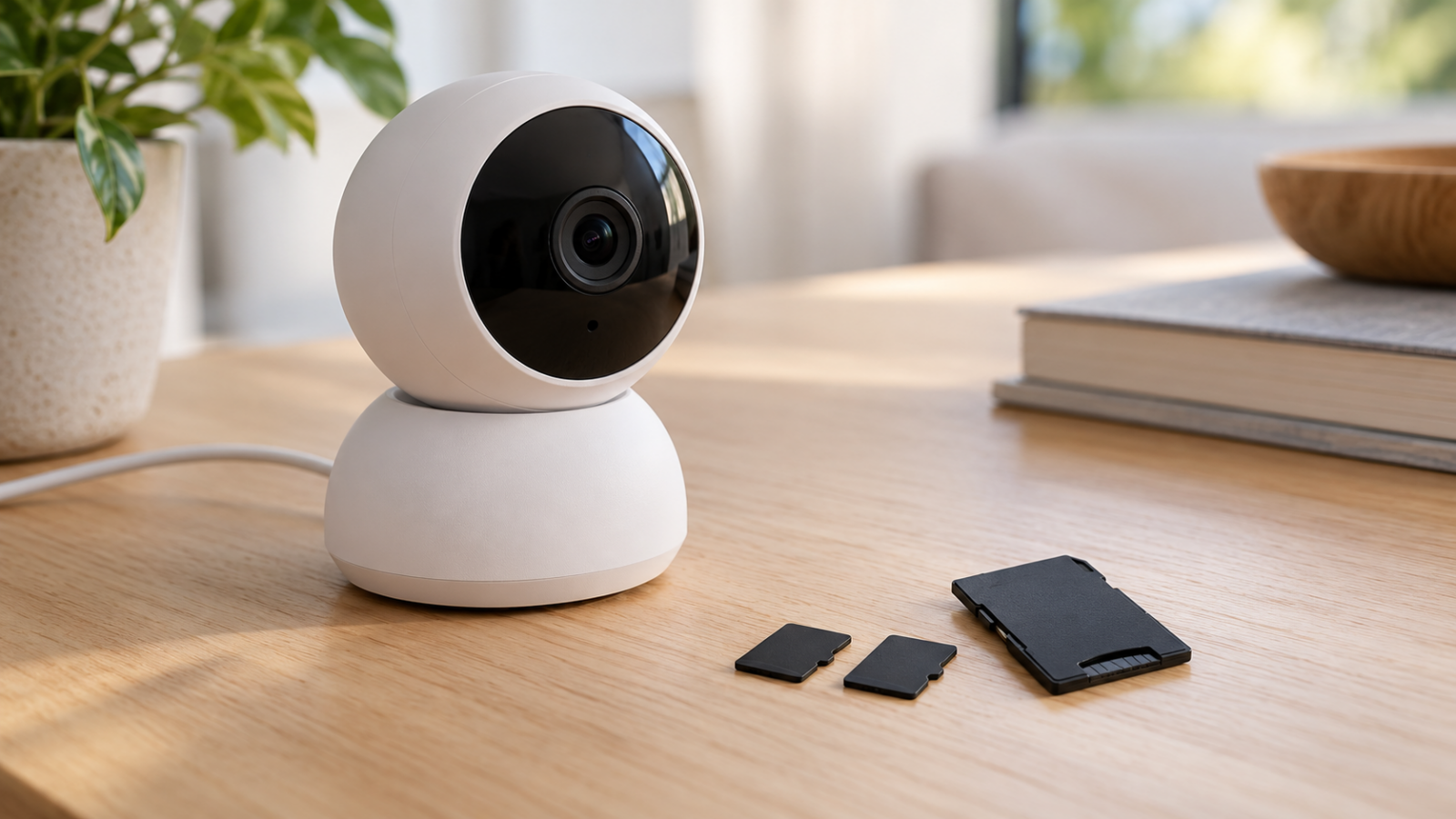 Caméra de surveillance générique, cartes microSD et adaptateur posés sur un bureau.