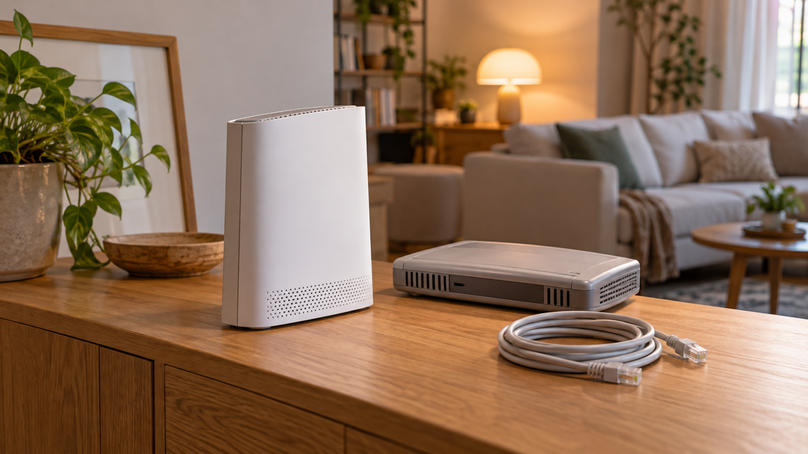 Deux routeurs génériques et un câble Ethernet sur une console en bois.
