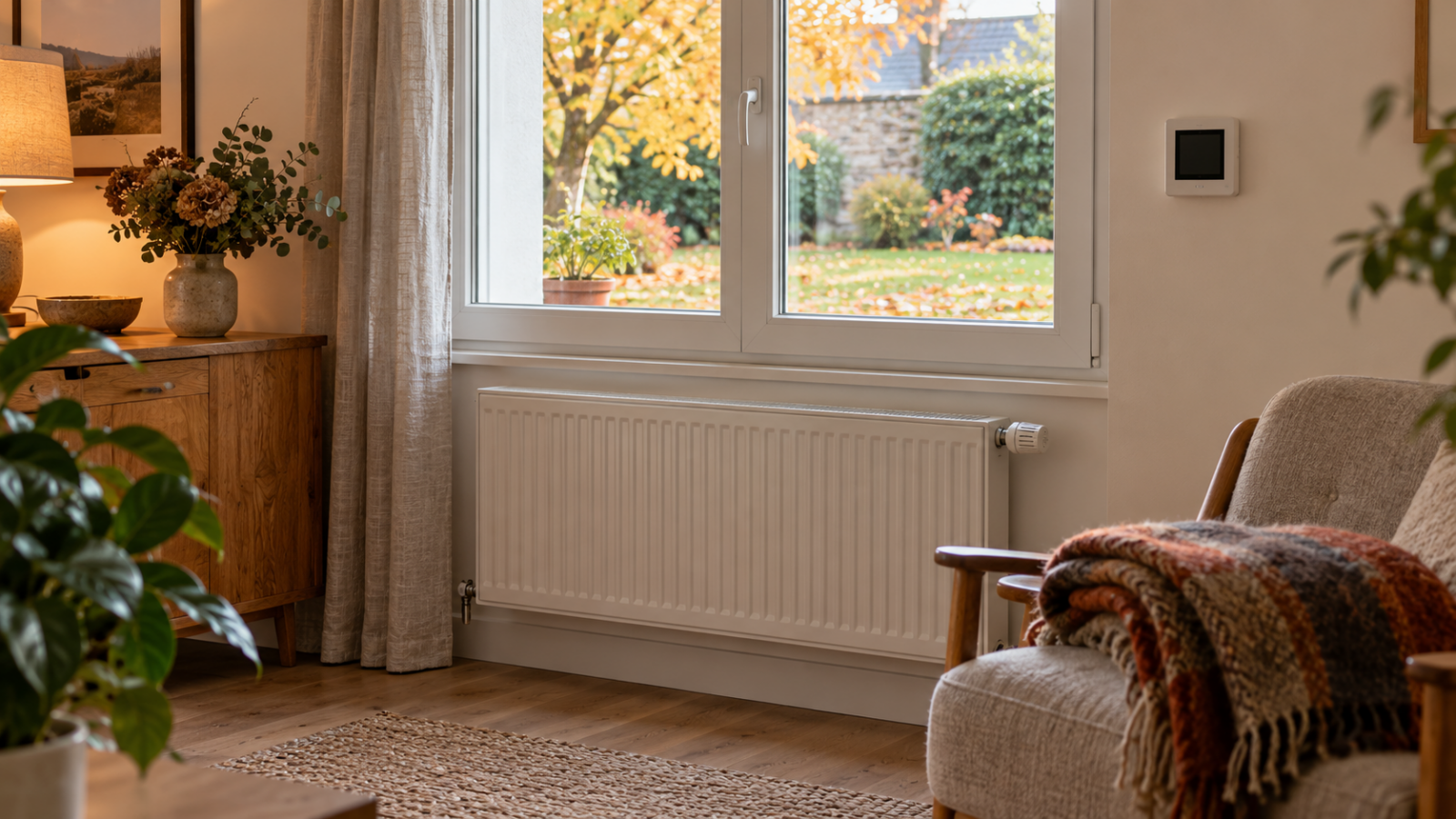 Radiateur et thermostat génériques dans une pièce fermée, avec vue sur un jardin en automne.
