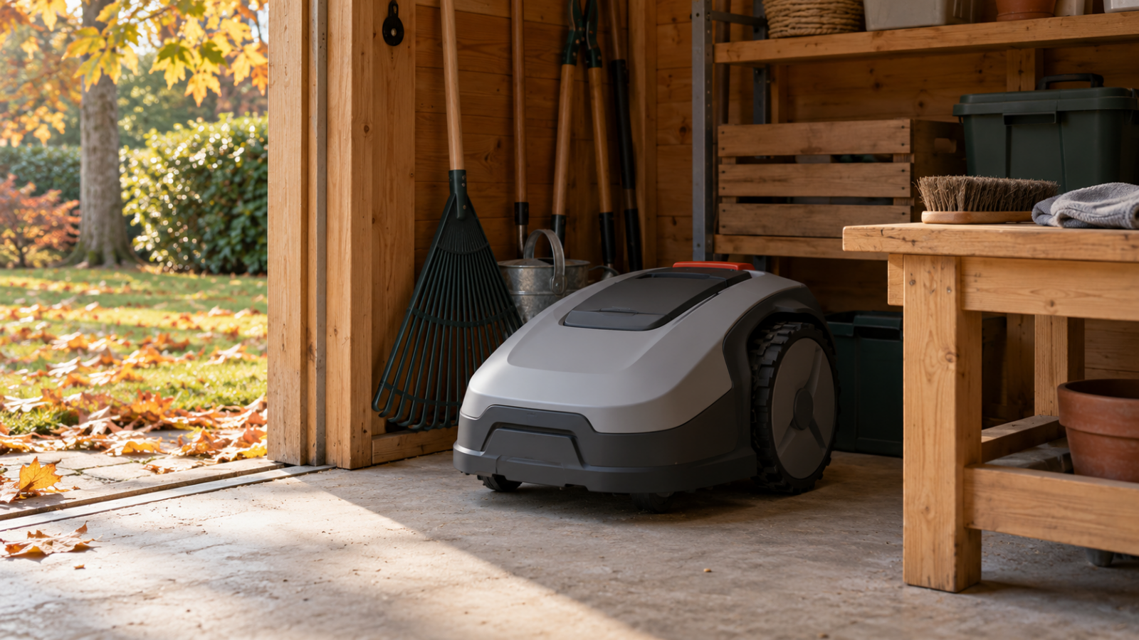 Robot tondeuse générique rangé au sec dans un abri, avec une brosse et un chiffon.