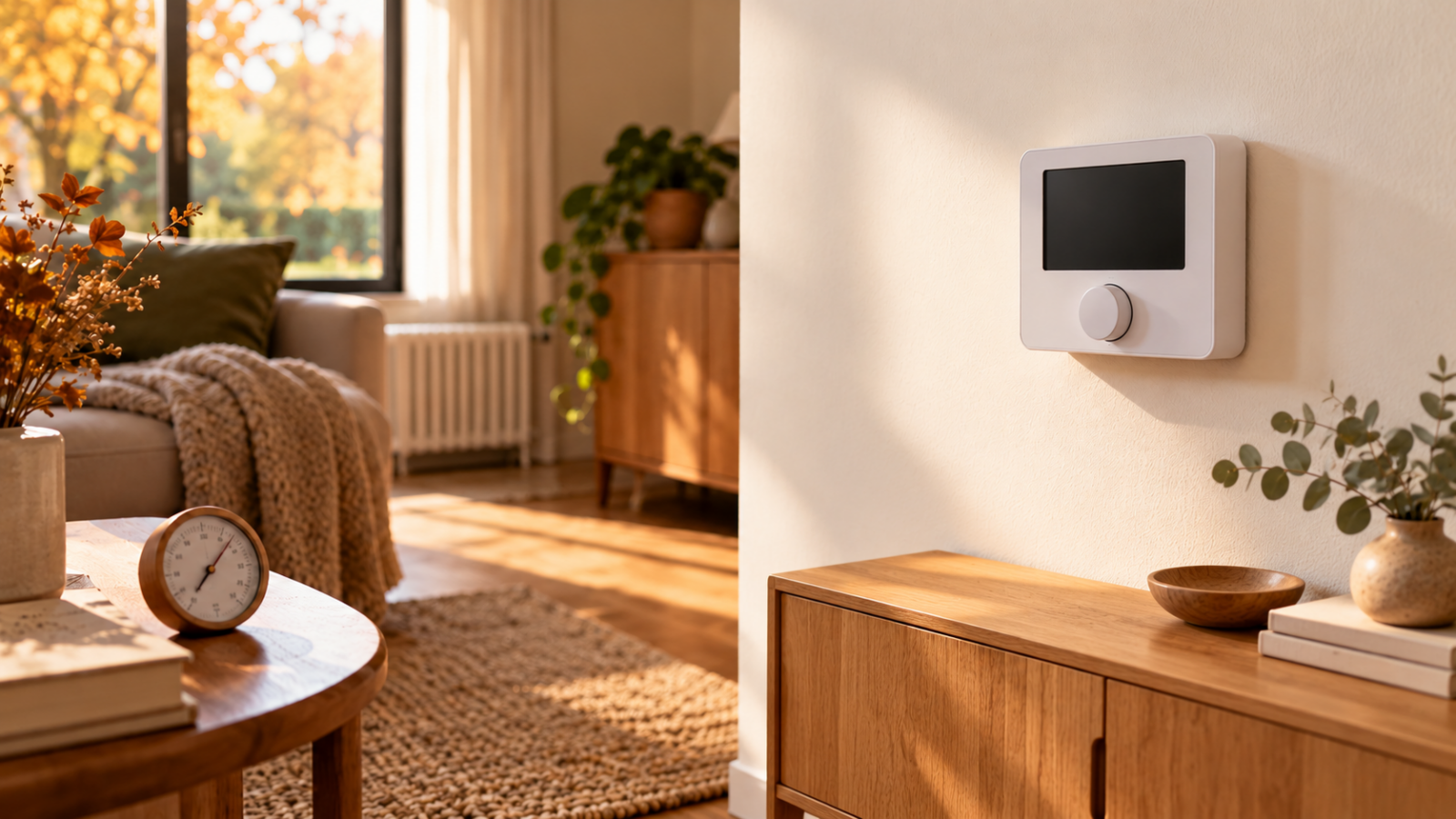 Thermostat mural générique sur un mur intérieur, avec un radiateur éloigné dans le fond de la pièce.